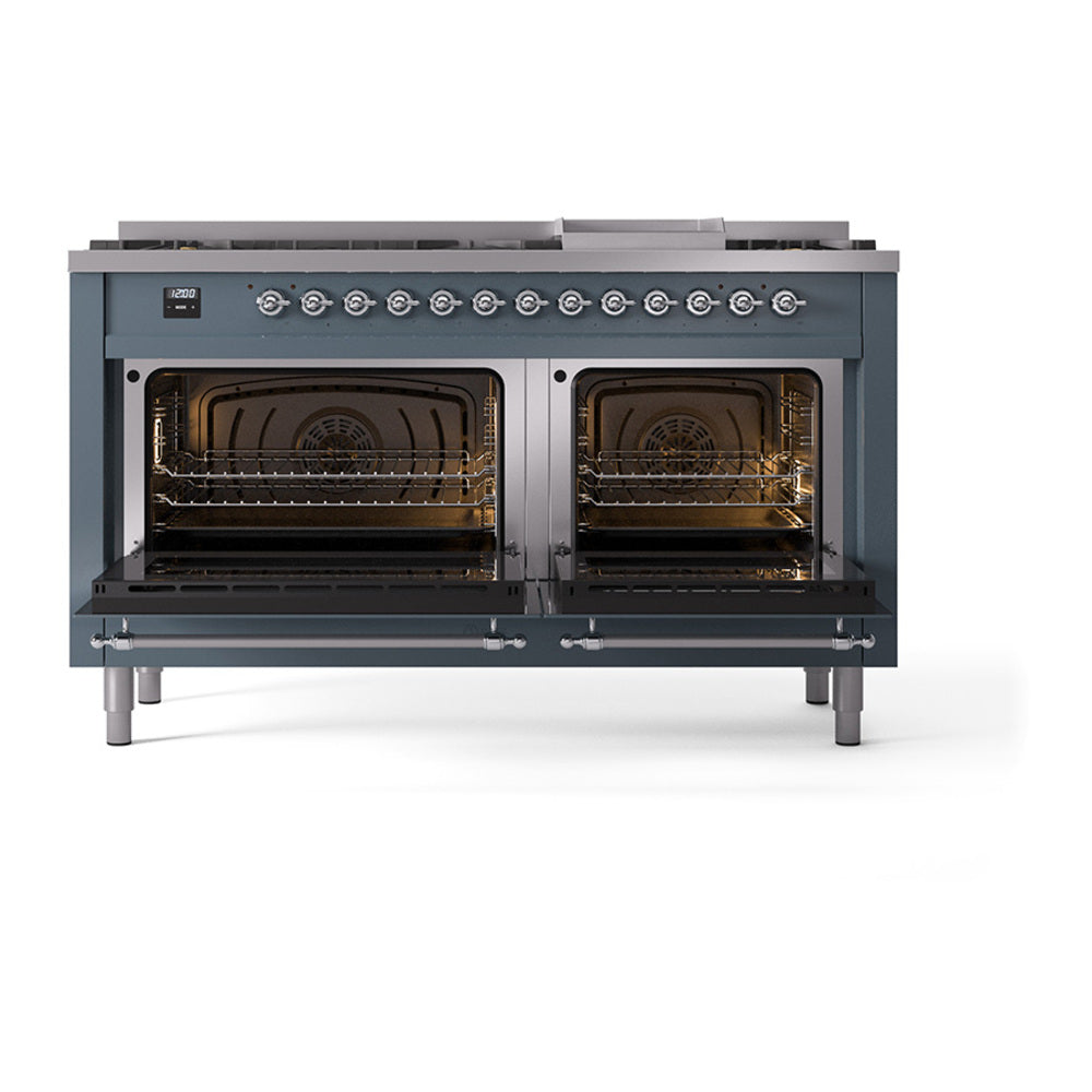 ILVE 60-Inch Nostalgie II Noblesse Propane Gas Dual Fuel Range with 9 Sealed Burners, Griddle, and Solid Door Oven in Blue Grey with Chrome Trim (UN60FQNMPBGCLP)