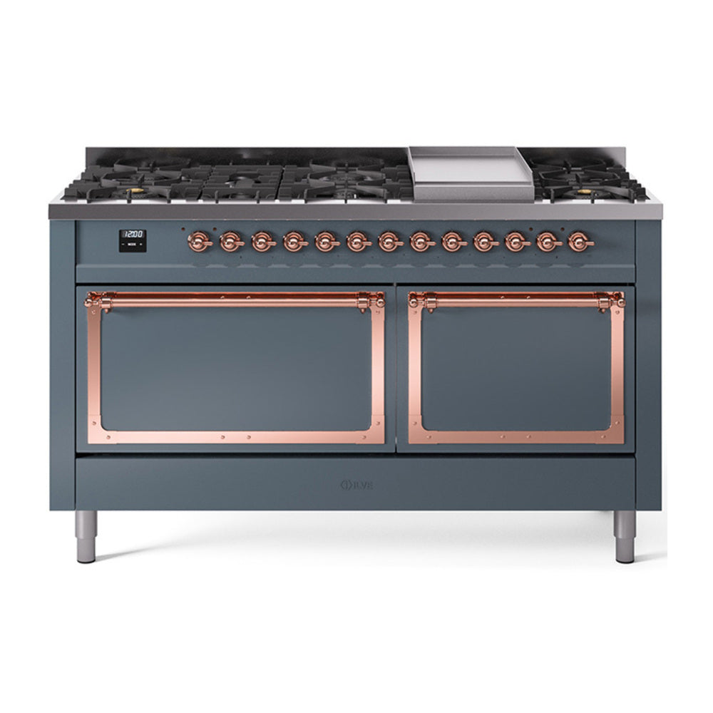 ILVE 60-Inch Nostalgie II Noblesse Natural Gas Dual Fuel Range with 9 Sealed Burners, Griddle, and Solid Door Oven in Blue Grey with Copper Trim (UN60FQNMPBGP)