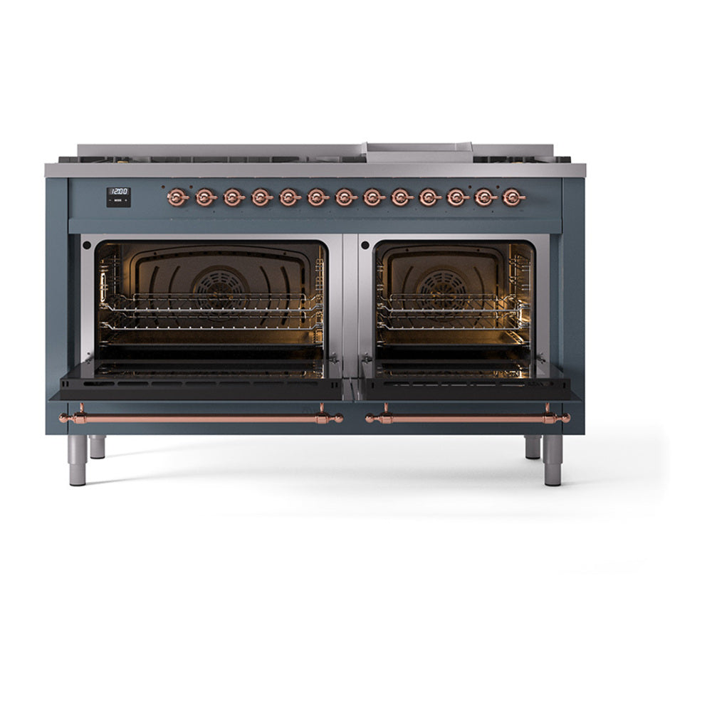 ILVE 60-Inch Nostalgie II Noblesse Propane Gas Dual Fuel Range with 9 Sealed Burners, Griddle, and Solid Door Oven in Blue Grey with Copper Trim (UN60FQNMPBGPLP)