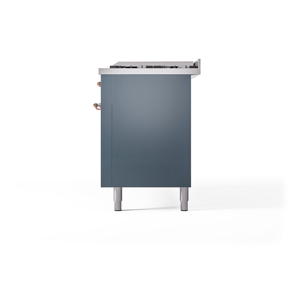 ILVE 60-Inch Nostalgie II Noblesse Propane Gas Dual Fuel Range with 9 Sealed Burners, Griddle, and Solid Door Oven in Blue Grey with Copper Trim (UN60FQNMPBGPLP)