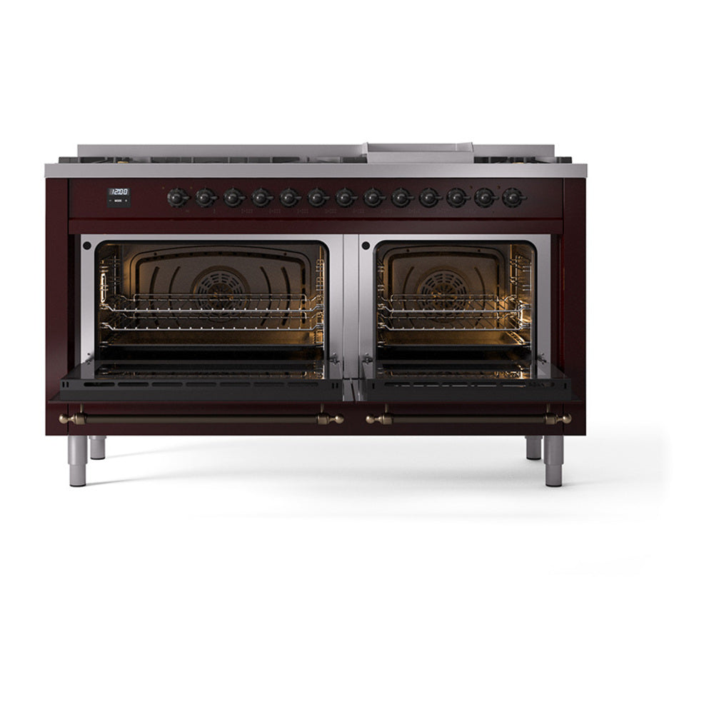 ILVE 60-Inch Nostalgie II Noblesse Natural Gas Dual Fuel Range with 9 Sealed Burners, Griddle, and Solid Door Oven in Burgundy with Bronze Trim (UN60FQNMPBUB)
