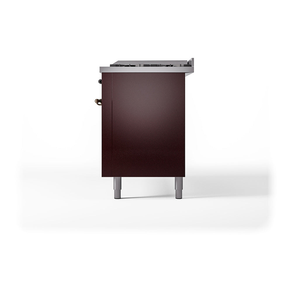 ILVE 60-Inch Nostalgie II Noblesse Natural Gas Dual Fuel Range with 9 Sealed Burners, Griddle, and Solid Door Oven in Burgundy with Bronze Trim (UN60FQNMPBUB)