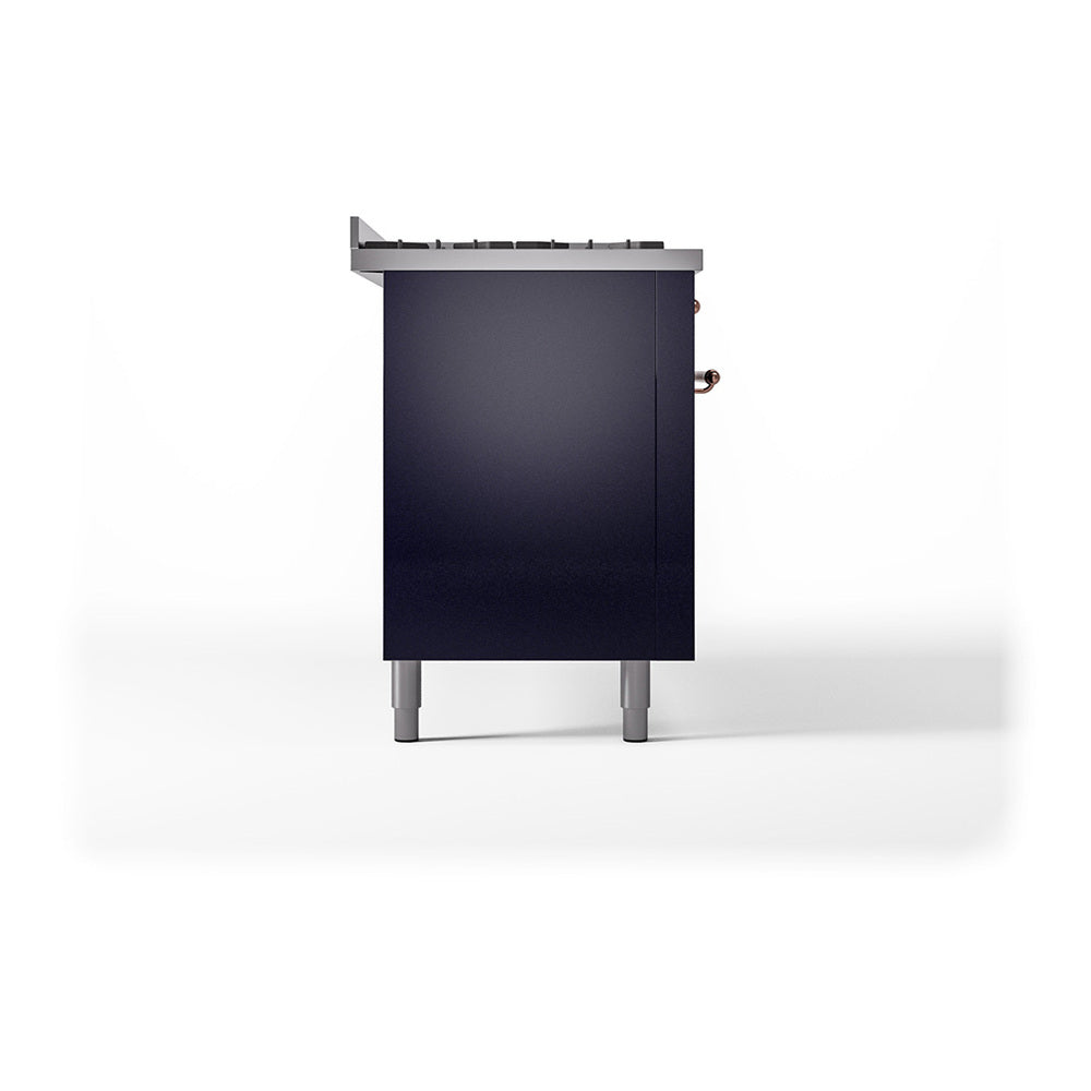 ILVE 60-Inch Nostalgie II Noblesse Propane Gas Dual Fuel Range with 9 Sealed Burners, Griddle, and Solid Door Oven in Midnight Blue with Copper Trim (UN60FQNMPMBPLP)