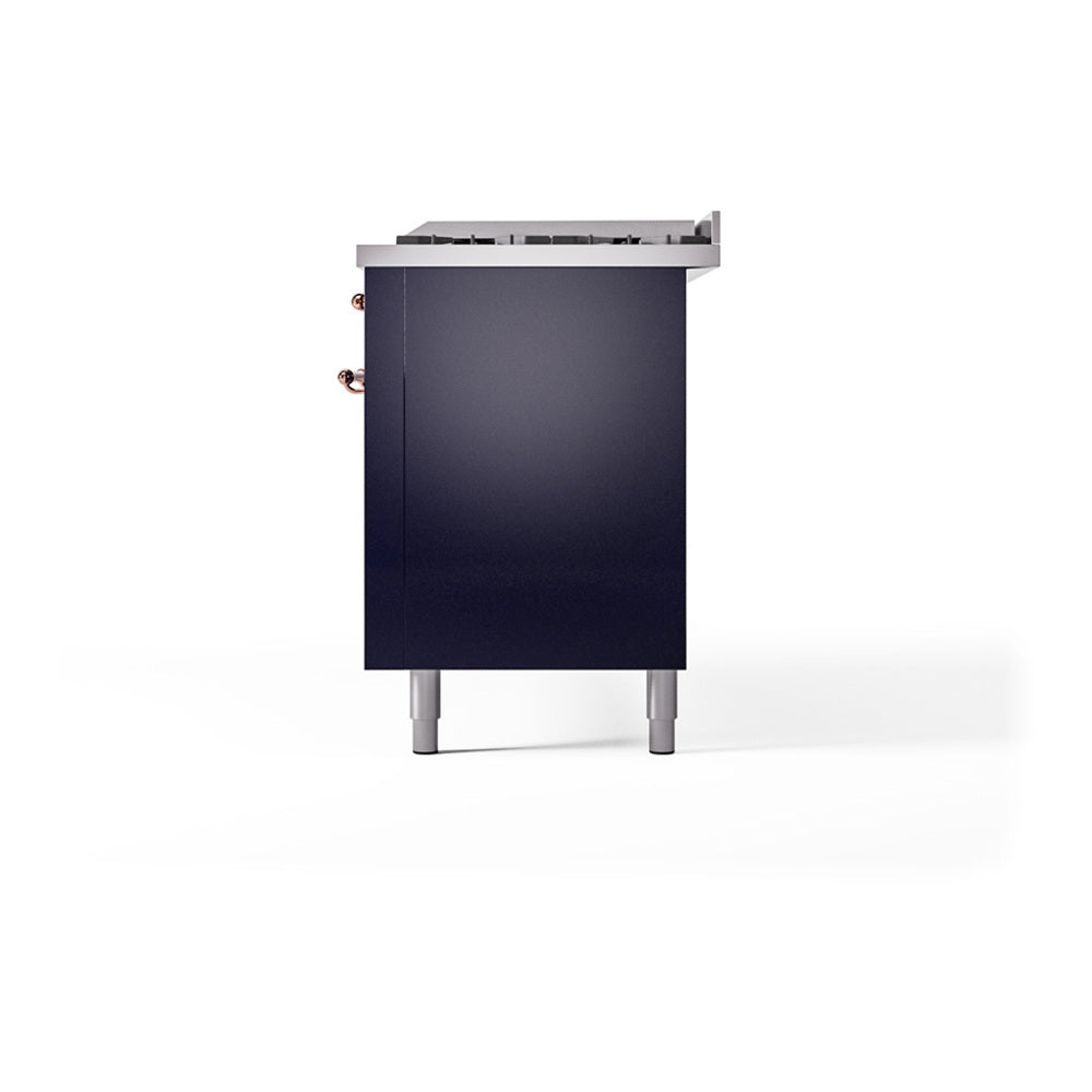 ILVE 60-Inch Nostalgie II Noblesse Propane Gas Dual Fuel Range with 9 Sealed Burners, Griddle, and Solid Door Oven in Midnight Blue with Copper Trim (UN60FQNMPMBPLP)