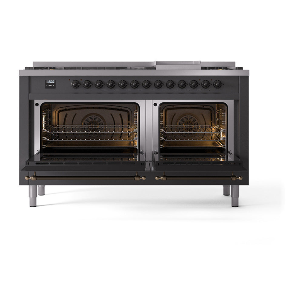 ILVE 60-Inch Nostalgie II Noblesse Natural Gas Dual Fuel Range with 9 Sealed Burners, Griddle, and Solid Door Oven in Matte Graphite with Bronze Trim (UN60FQNMPMGB)