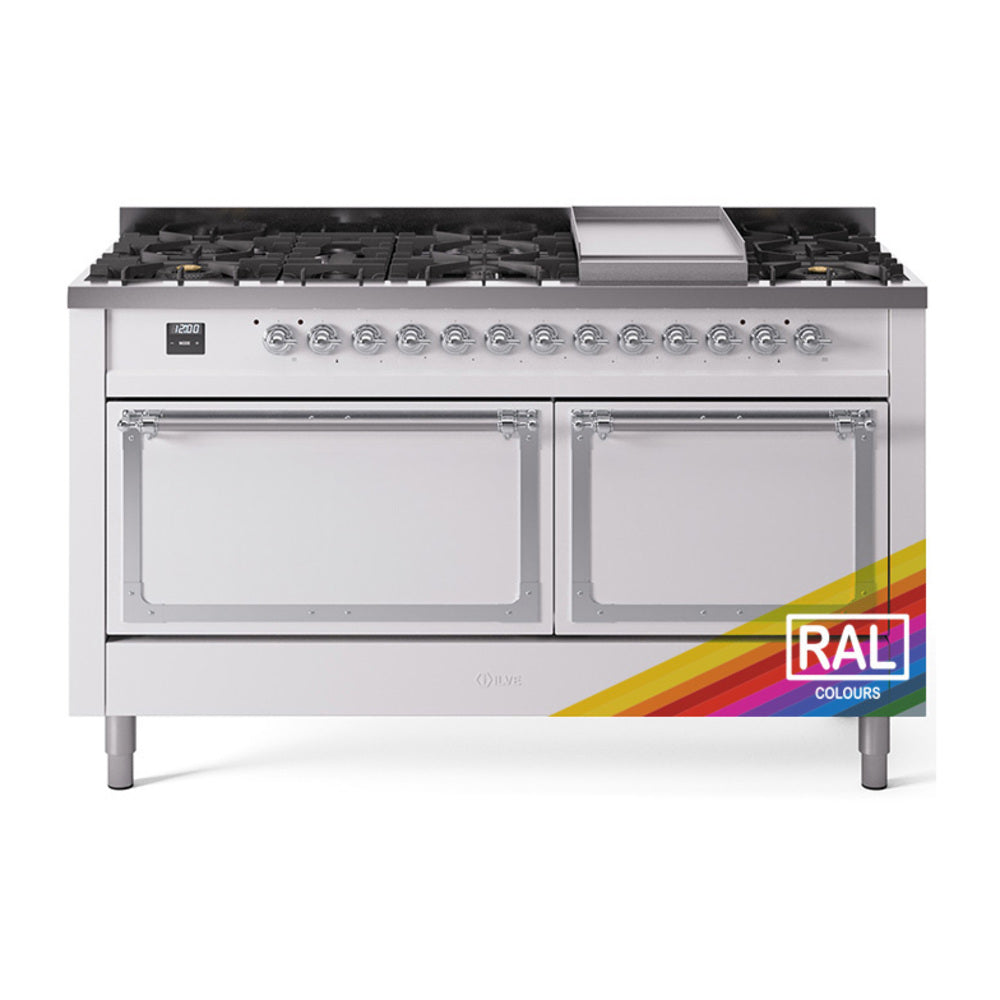 ILVE 60-Inch Nostalgie II Noblesse Natural Gas Dual Fuel Range with 9 Sealed Burners, Griddle, and Solid Door Oven in Custom RAL with Chrome Trim (UN60FQNMPRAC)