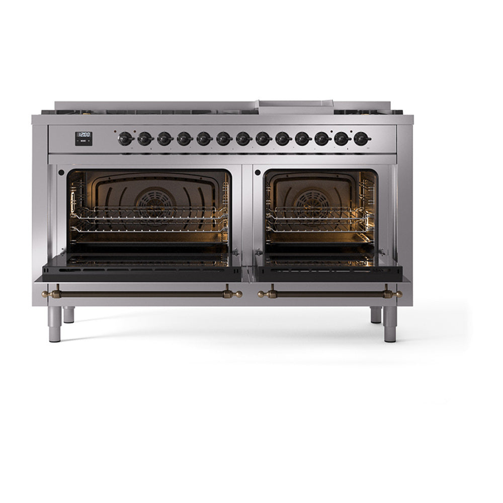 ILVE 60-Inch Nostalgie II Noblesse Propane Gas Dual Fuel Range with 9 Sealed Burners, Griddle, and Solid Door Oven in Stainless Steel with Bronze Trim (UN60FQNMPSSBLP)