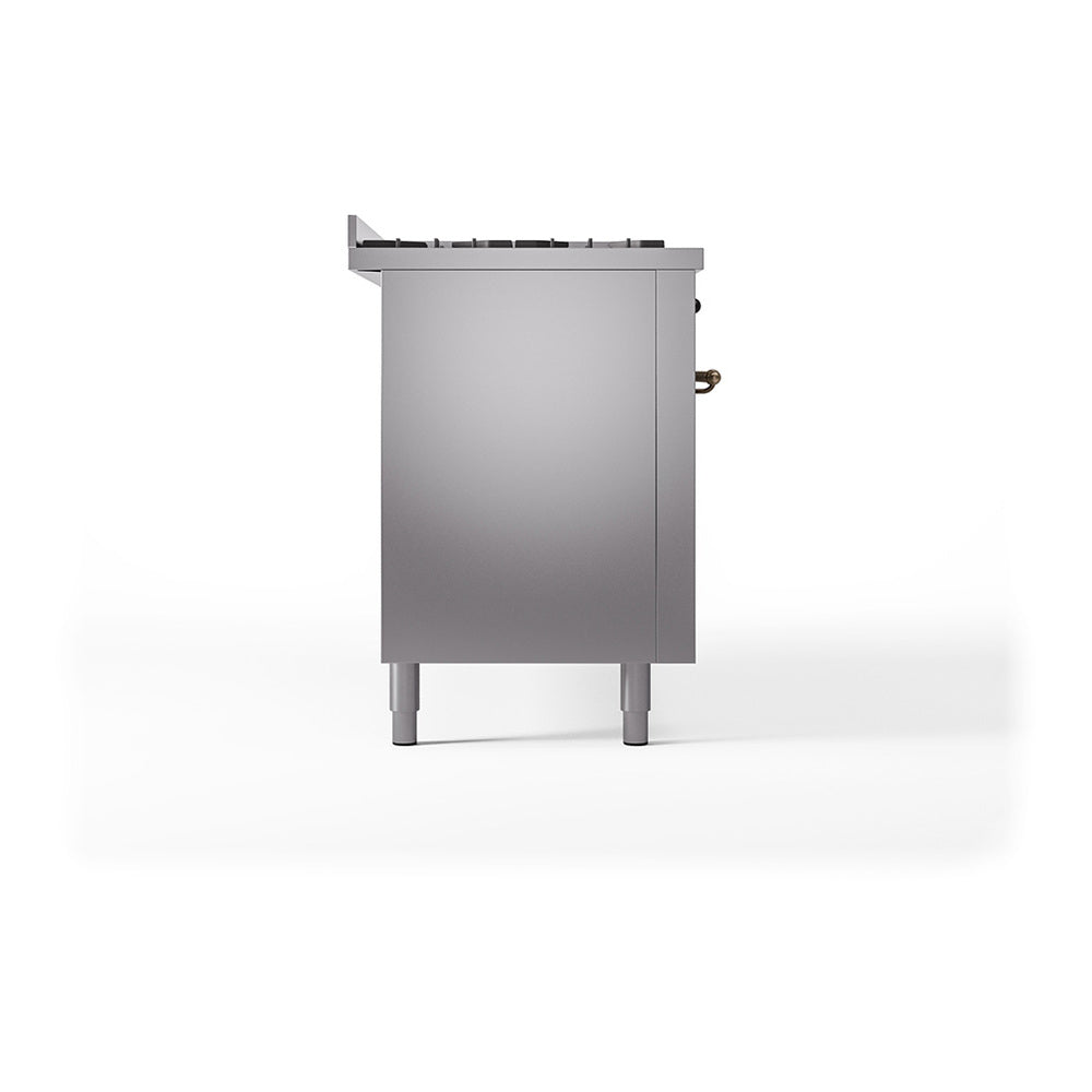 ILVE 60-Inch Nostalgie II Noblesse Propane Gas Dual Fuel Range with 9 Sealed Burners, Griddle, and Solid Door Oven in Stainless Steel with Bronze Trim (UN60FQNMPSSBLP)