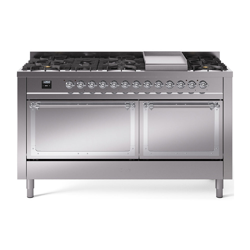 ILVE 60-Inch Nostalgie II Noblesse Propane Gas Dual Fuel Range with 9 Sealed Burners, Griddle, and Solid Door Oven in Stainless Steel with Chrome Trim (UN60FQNMPSSCLP)