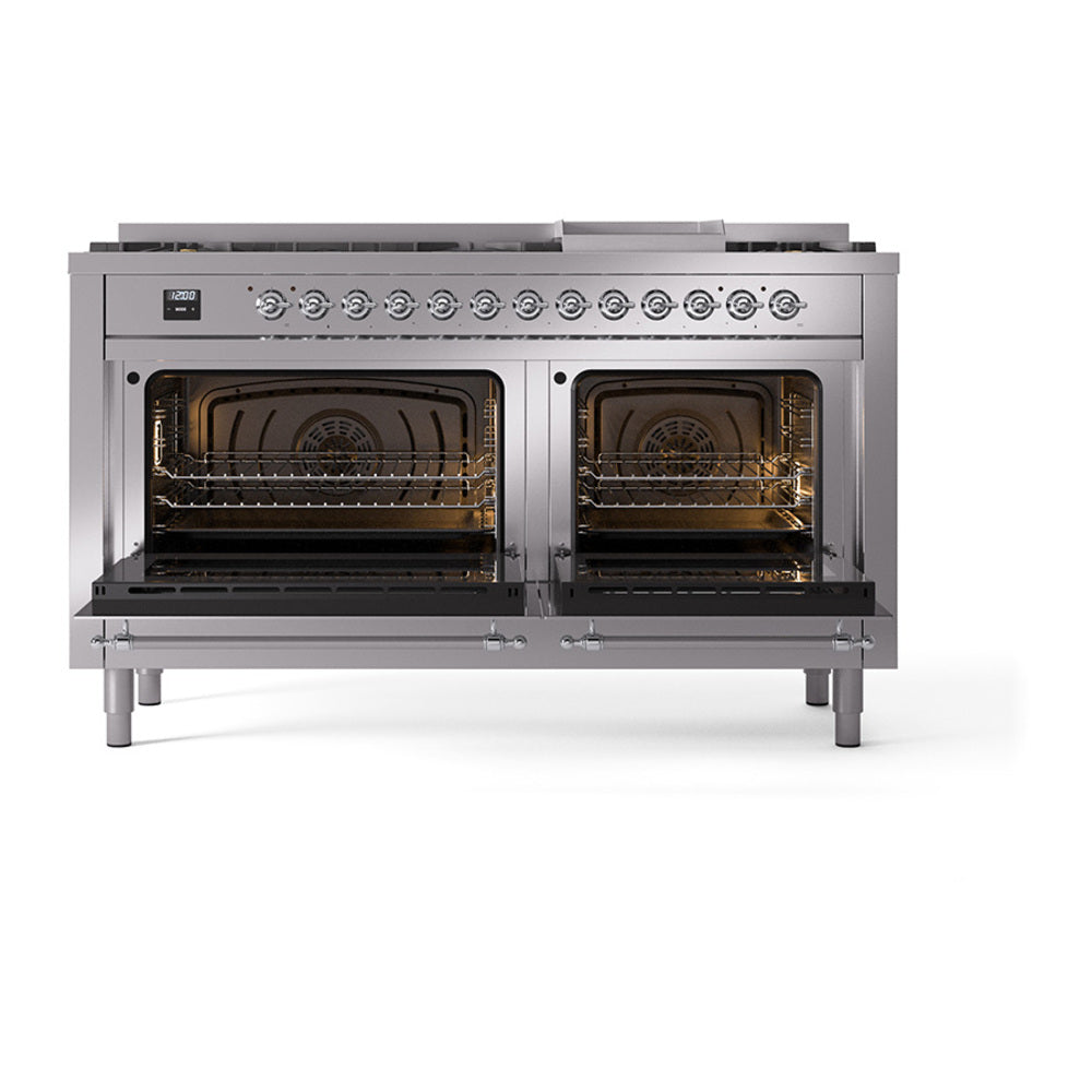 ILVE 60-Inch Nostalgie II Noblesse Natural Gas Dual Fuel Range with 9 Sealed Burners, Griddle, and Solid Door Oven in Stainless Steel with Chrome Trim (UN60FQNMPSSC)