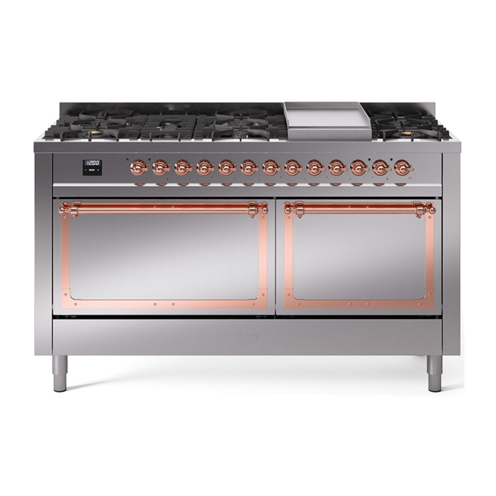 ILVE 60-Inch Nostalgie II Noblesse Propane Gas Dual Fuel Range with 9 Sealed Burners, Griddle, and Solid Door Oven in Stainless Steel with Copper Trim (UN60FQNMPSSPLP)