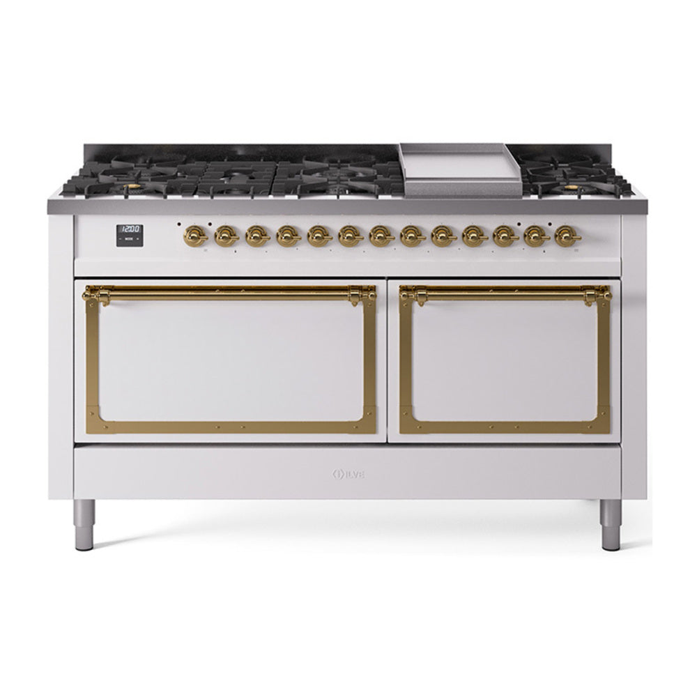 ILVE 60-Inch Nostalgie II Noblesse Propane Gas Dual Fuel Range with 9 Sealed Burners, Griddle, and Solid Door Oven in White with Brass Trim (UN60FQNMPWHGLP)