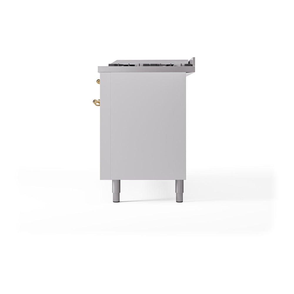 ILVE 60-Inch Nostalgie II Noblesse Propane Gas Dual Fuel Range with 9 Sealed Burners, Griddle, and Solid Door Oven in White with Brass Trim (UN60FQNMPWHGLP)