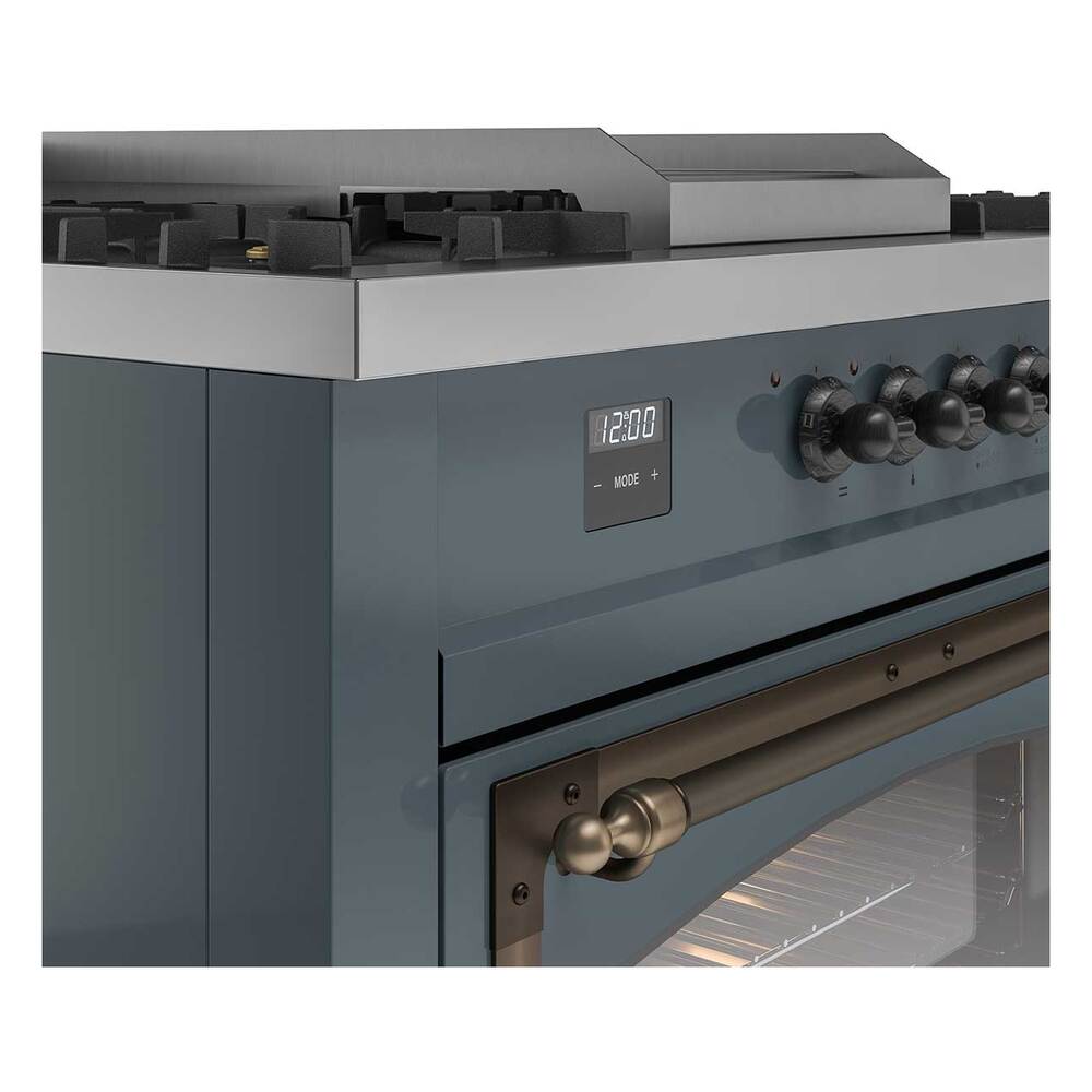 ILVE 60-Inch Nostalgie II Noblesse Natural Gas Dual Fuel Range with 7 Sealed Burners, Griddle, French Top and Triple Glass Door Oven in Blue Grey with Bronze Trim (UN60FSNMPBGB)