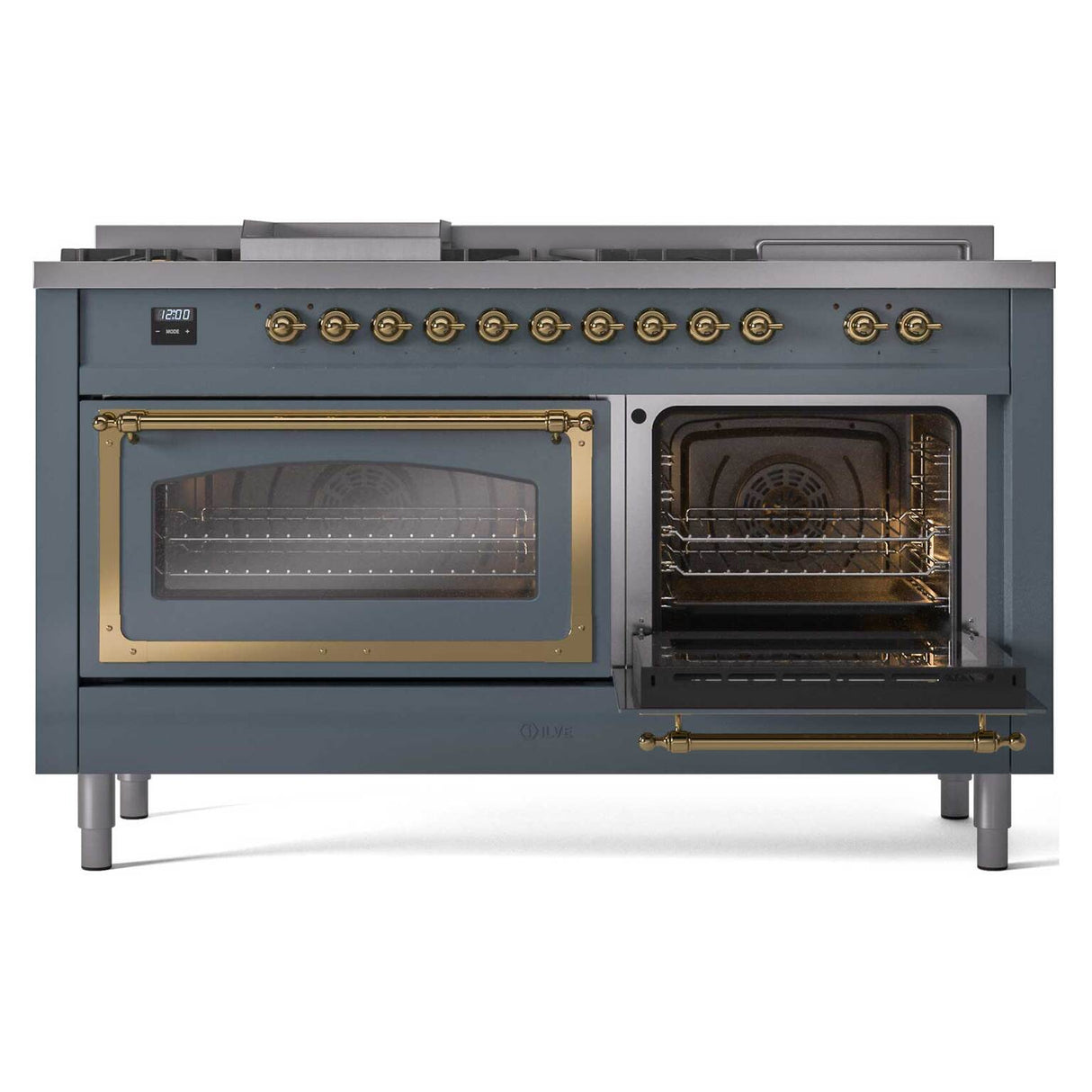 ILVE 60-Inch Nostalgie II Noblesse Natural Gas Dual Fuel Range with 7 Sealed Burners, Griddle, French Top and Triple Glass Door Oven in Blue Grey with Brass Trim (UN60FSNMPBGG)