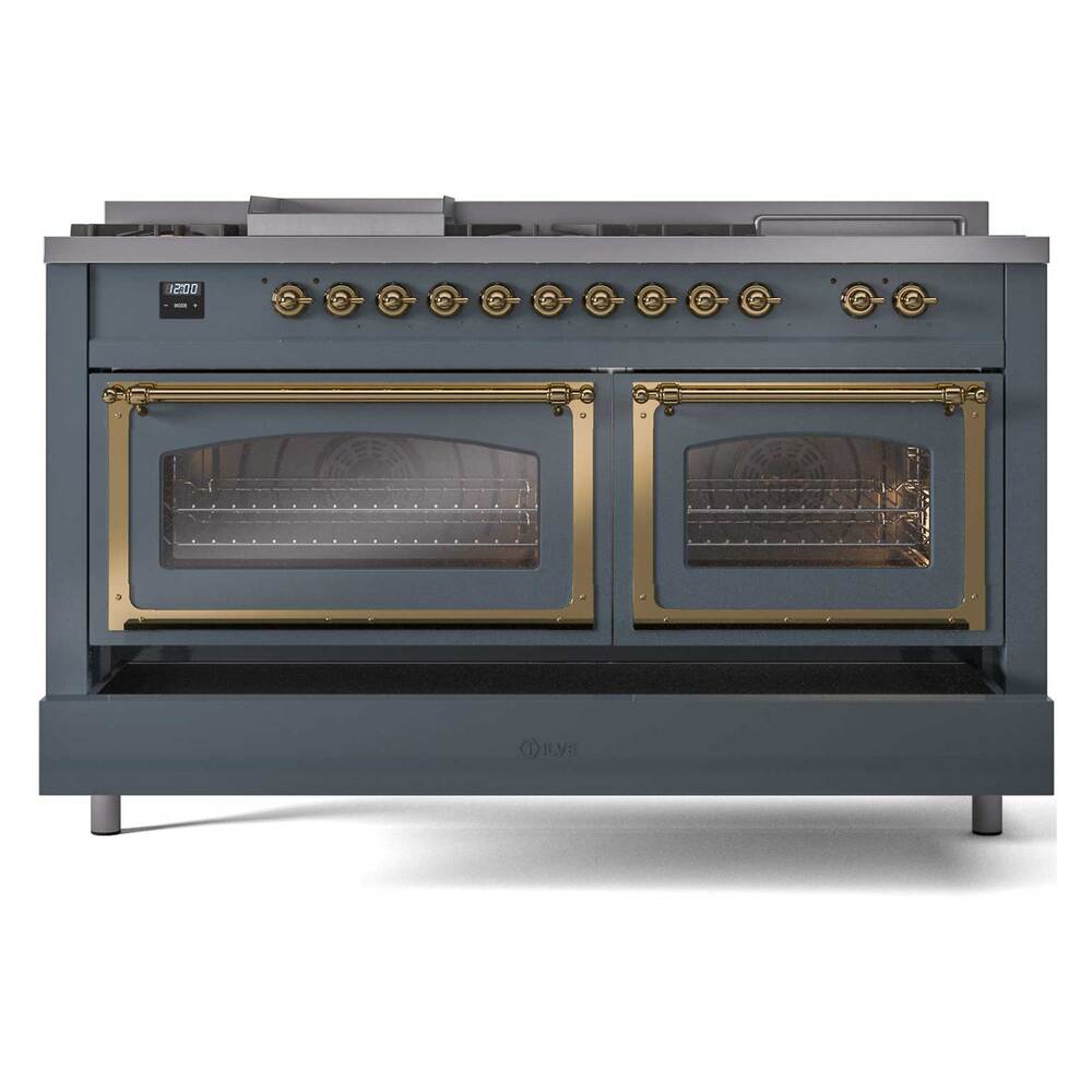 ILVE 60-Inch Nostalgie II Noblesse Natural Gas Dual Fuel Range with 7 Sealed Burners, Griddle, French Top and Triple Glass Door Oven in Blue Grey with Brass Trim (UN60FSNMPBGG)
