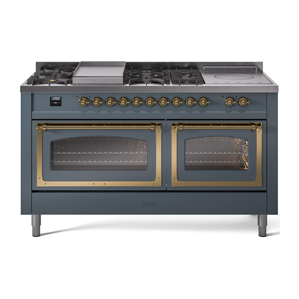 ILVE 60-Inch Nostalgie II Noblesse Natural Gas Dual Fuel Range with 7 Sealed Burners, Griddle, French Top and Triple Glass Door Oven in Blue Grey with Brass Trim (UN60FSNMPBGG)