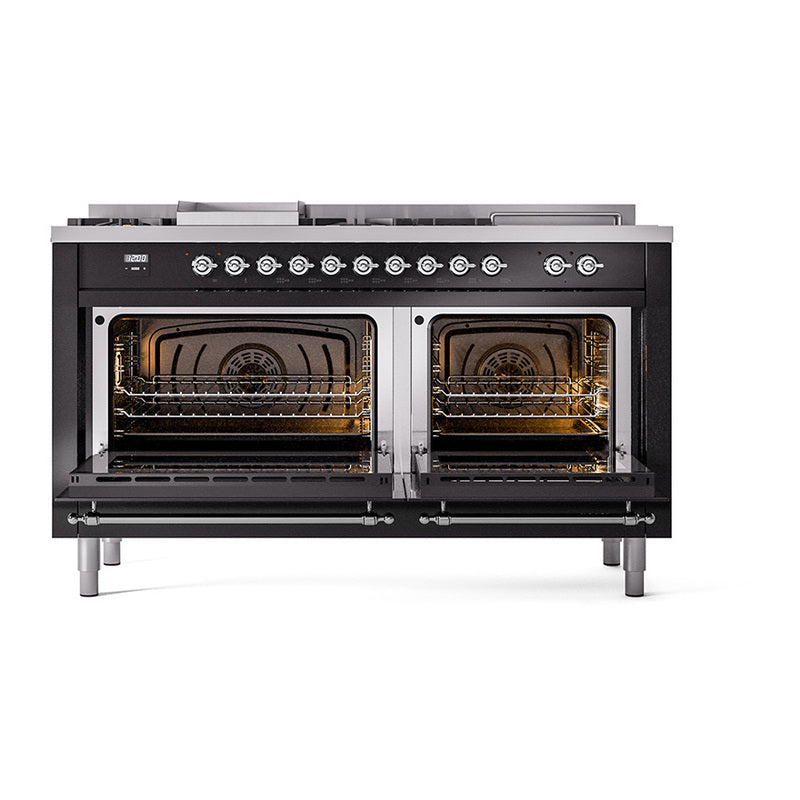 ILVE 60-Inch Nostalgie II Noblesse Natural Gas Dual Fuel Range with 7 Sealed Burners, Griddle, French Top and Triple Glass Door Oven in Glossy Black with Chrome Trim (UN60FSNMPBKC)