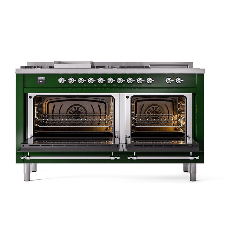 ILVE 60-Inch Nostalgie II Noblesse Natural Gas Dual Fuel Range with 7 Sealed Burners, Griddle, French Top, and Triple Glass Door Oven in Emerald Green with Chrome Trim (UN60FSNMPEGC)