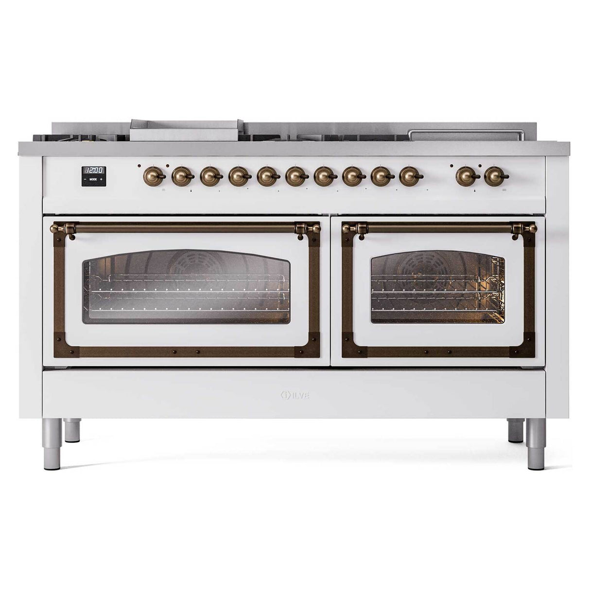 ILVE 60-Inch Nostalgie II Noblesse Natural Gas Dual Fuel Range with 7 Sealed Burners, Griddle, French Top, and Triple Glass Door Oven in Custom RAL with Bronze Trim (UN60FSNMPRAB)