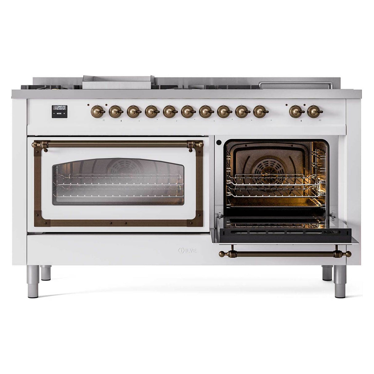 ILVE 60-Inch Nostalgie II Noblesse Natural Gas Dual Fuel Range with 7 Sealed Burners, Griddle, French Top, and Triple Glass Door Oven in Custom RAL with Bronze Trim (UN60FSNMPRAB)