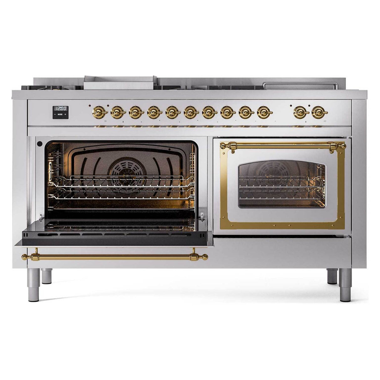 ILVE 60-Inch Nostalgie II Noblesse Natural Gas Dual Fuel Range with 7 Sealed Burners, Griddle, French Top, and Triple Glass Door Oven in RAL with Brass Trim (UN60FSNMPRAG)