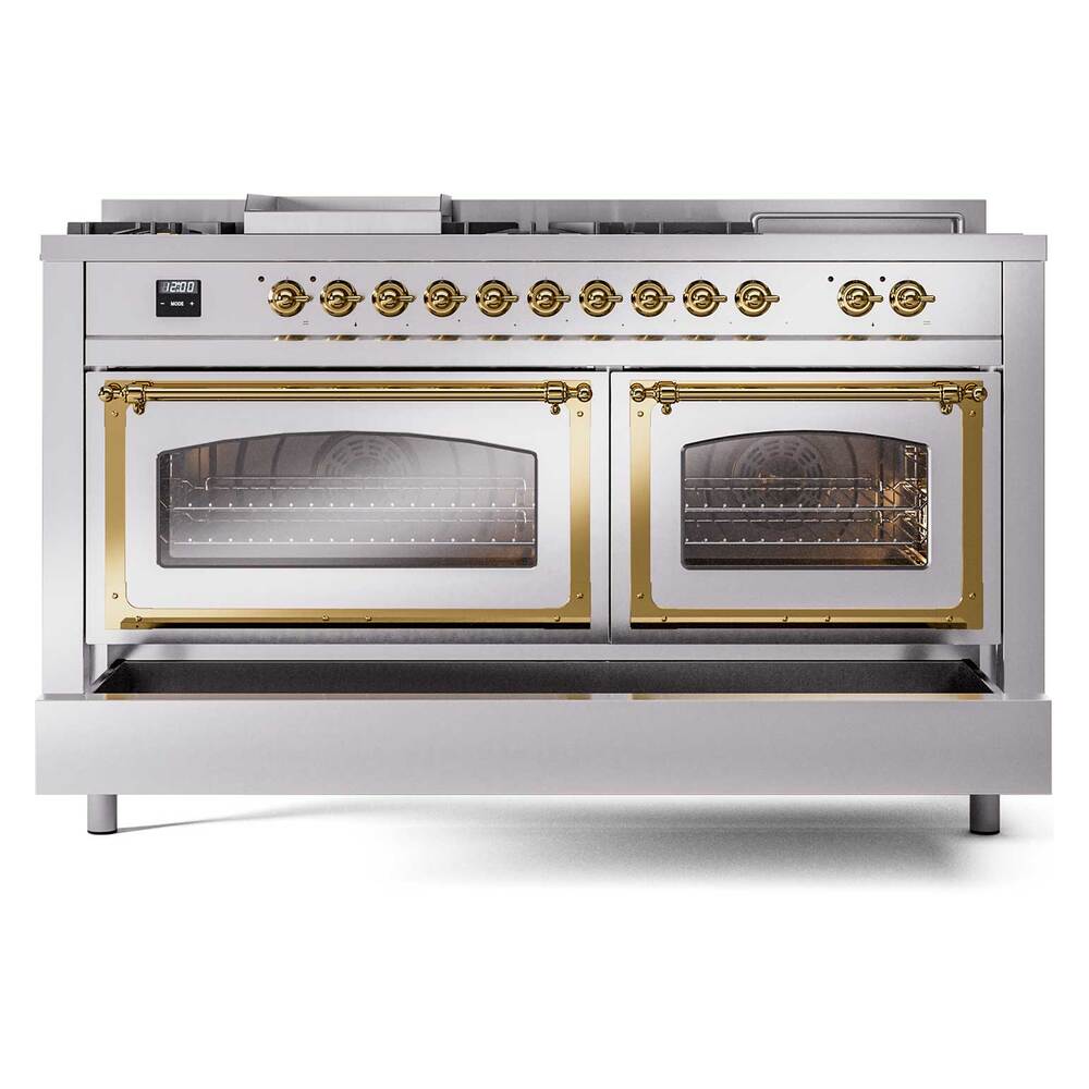 ILVE 60-Inch Nostalgie II Noblesse Natural Gas Dual Fuel Range with 7 Sealed Burners, Griddle, French Top, and Triple Glass Door Oven in RAL with Brass Trim (UN60FSNMPRAG)
