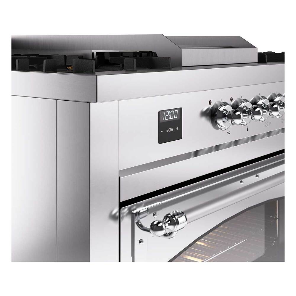ILVE 60-Inch Nostalgie II Noblesse Natural Gas Dual Fuel Range with 7 Sealed Burners, Griddle, French Top, and Triple Glass Door Oven in RAL with Brass Trim (UN60FSNMPRAG)
