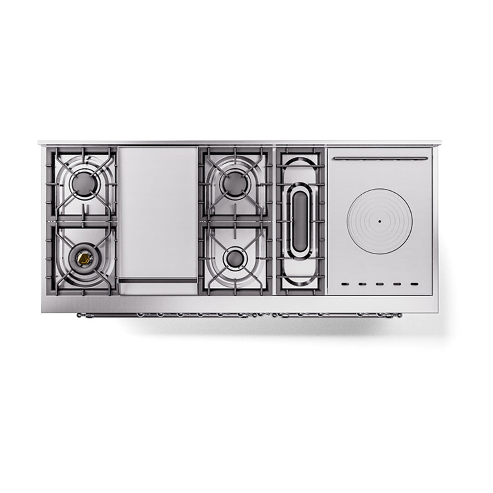 ILVE 60-Inch Nostalgie II Noblesse Natural Gas Dual Fuel Range with 7 Sealed Burners, Griddle, French Top, and Triple Glass Door Oven in RAL with Brass Trim (UN60FSNMPRAG)