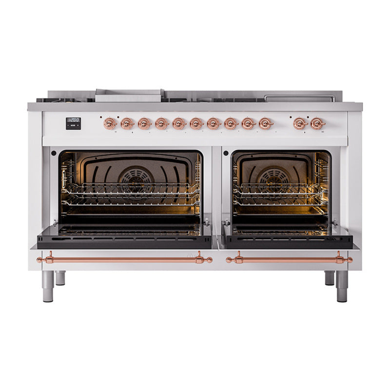 ILVE 60-Inch Nostalgie II Noblesse Natural Gas Dual Fuel Range with 7 Sealed Burners, Griddle, French Top, and Triple Glass Door Oven in White with Copper Trim (UN60FSNMPWHP)