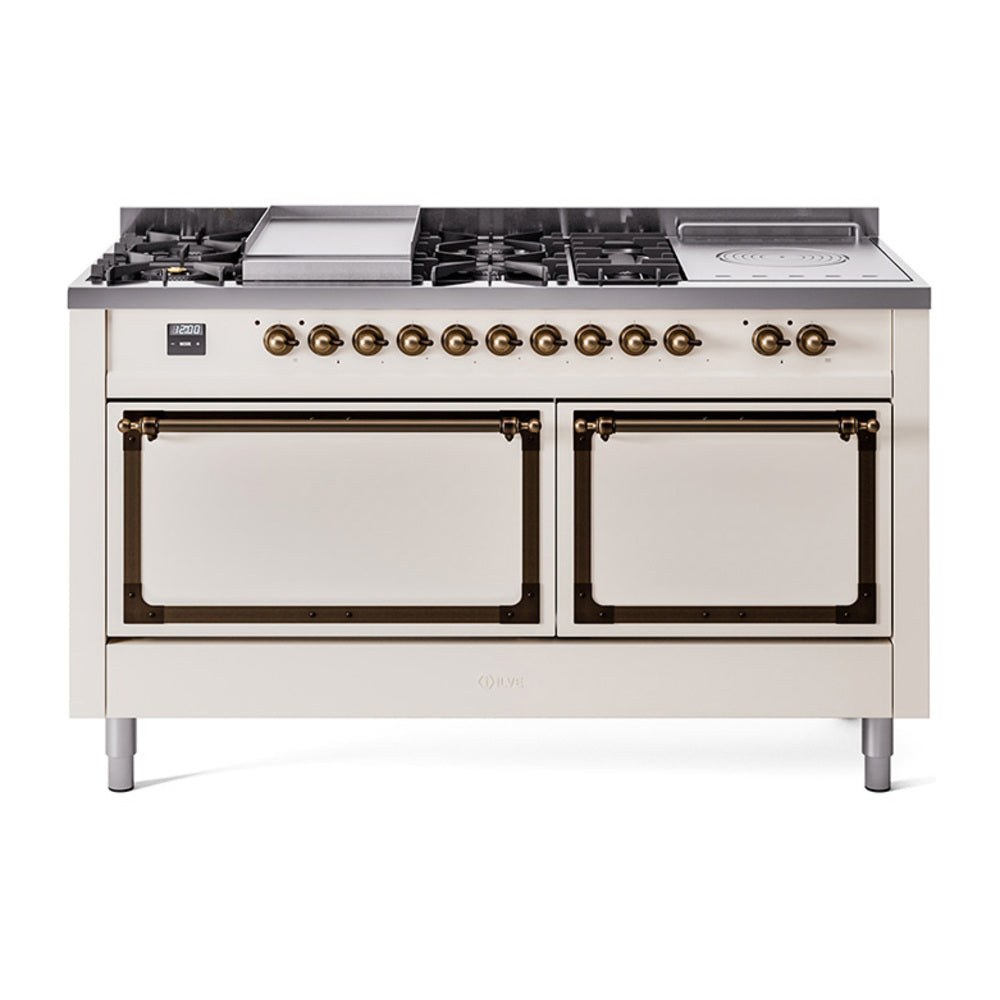 ILVE 60-Inch Nostalgie II Noblesse Propane Gas Dual Fuel Range with 7 Sealed Burners, Gridlde, French Top, and Solid Door Oven in Antique Whitewith Bronze Trim (UN60FSQNMPAWBLP)