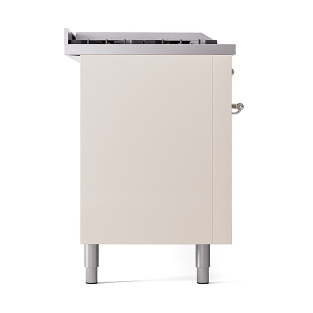 ILVE 60-Inch Nostalgie II Noblesse Propane Gas Dual Fuel Range with 7 Sealed Burners, Gridlde, French Top, and Solid Door Oven in Antique White with Chrome Trim (UN60FSQNMPAWCLP)