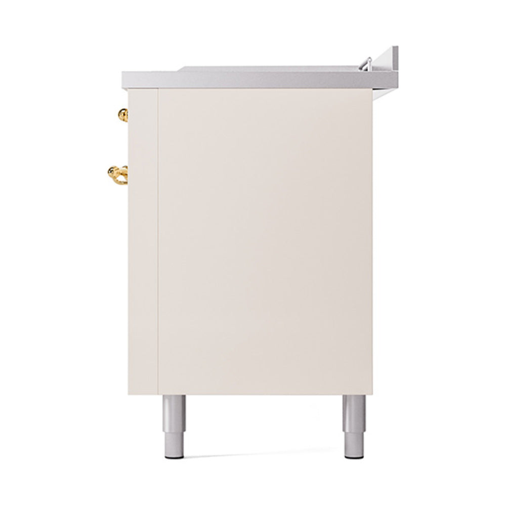 ILVE 60-Inch Nostalgie II Noblesse Propane Gas Dual Fuel Range with 7 Sealed Burners, Gridlde, French Top, and Solid Door Oven in Antique White with Brass Trim (UN60FSQNMPAWGLP)