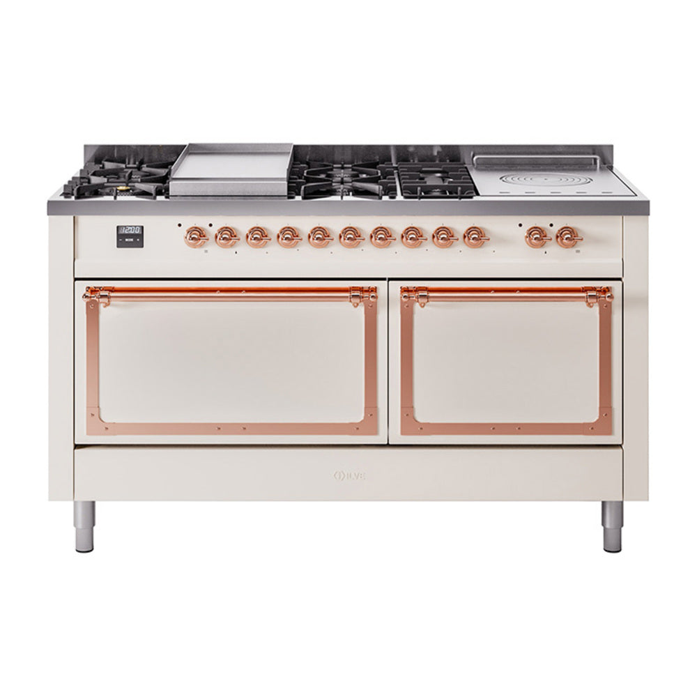 ILVE 60-Inch Nostalgie II Noblesse Propane Gas Dual Fuel Range with 7 Sealed Burners, Gridlde, French Top, and Solid Door Oven in Antique White with Copper Trim (UN60FSQNMPAWPLP)
