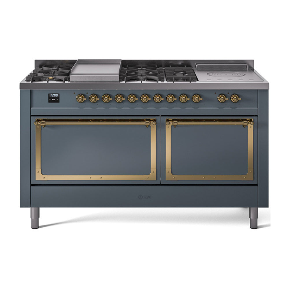 ILVE 60-Inch Nostalgie II Noblesse Propane Gas Dual Fuel Range with 7 Sealed Burners, Gridlde, French Top, and Solid Door Oven in Blue Grey with Brass Trim (UN60FSQNMPBGGLP)