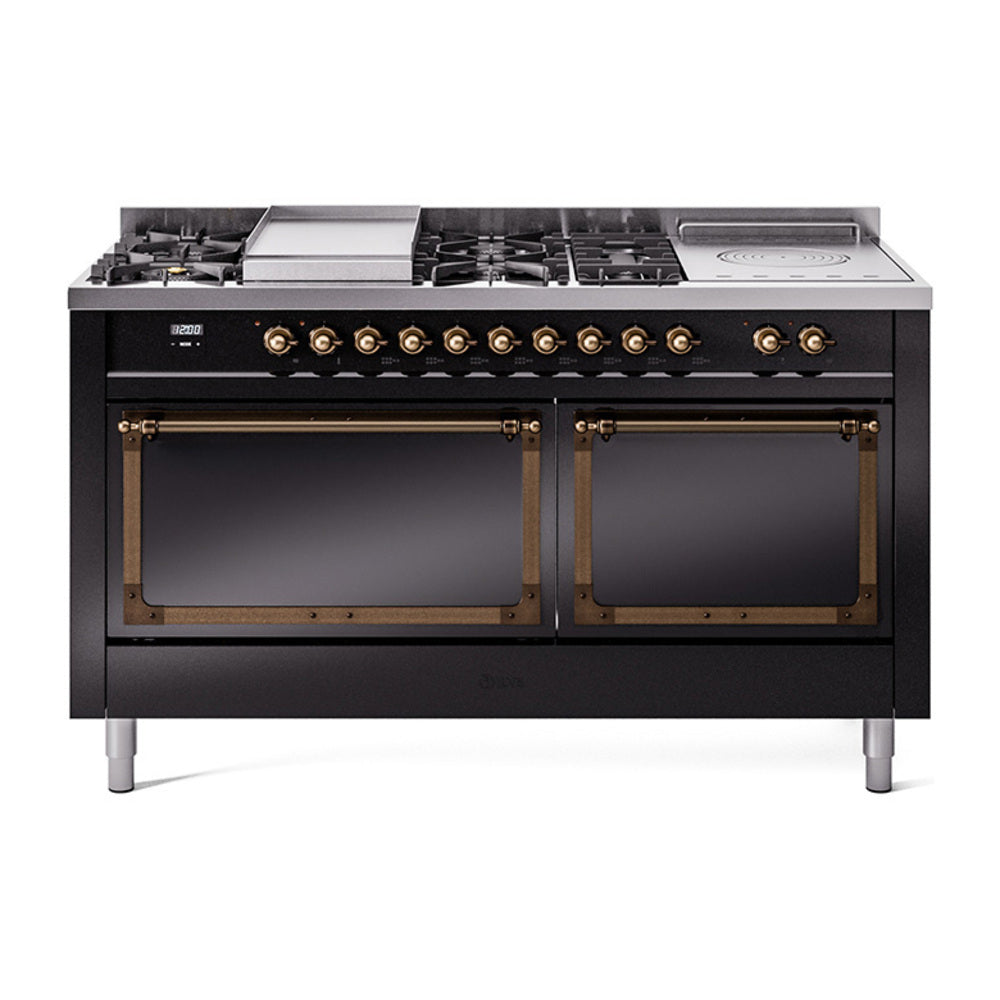 ILVE 60-Inch Nostalgie II Noblesse Propane Gas Dual Fuel Range with 7 Sealed Burners, Gridlde, French Top, and Solid Door Oven in Glossy Black with Bronze Trim (UN60FSQNMPBKBLP)