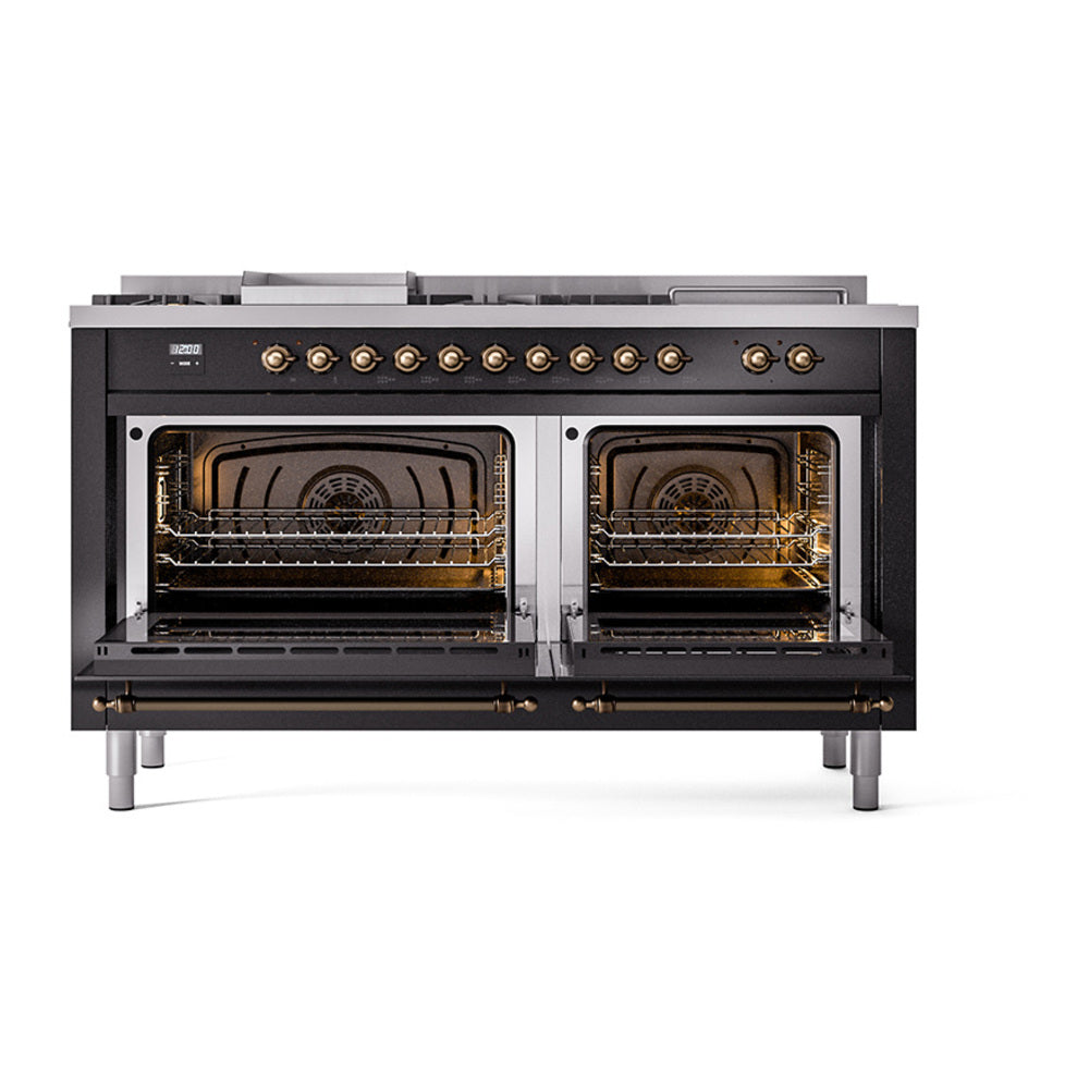 ILVE 60-Inch Nostalgie II Noblesse Propane Gas Dual Fuel Range with 7 Sealed Burners, Gridlde, French Top, and Solid Door Oven in Glossy Black with Bronze Trim (UN60FSQNMPBKBLP)