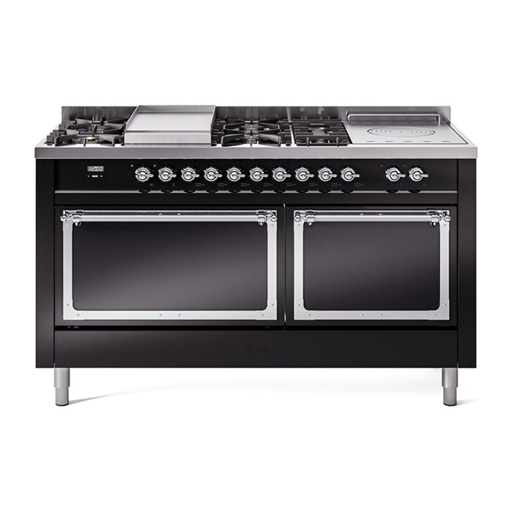 ILVE 60-Inch Nostalgie II Noblesse Propane Gas Dual Fuel Range with 7 Sealed Burners, Griddle, French Top, and Solid Door Oven in Glossy Black with Chrome Trim (UN60FSQNMPBKCLP)