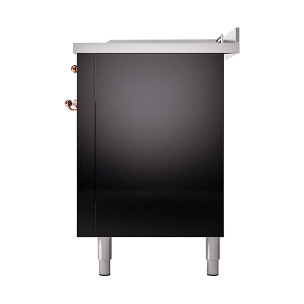 ILVE 60-Inch Nostalgie II Noblesse Propane Gas Dual Fuel Range with 7 Sealed Burners, Gridlde, French Top, and Solid Door Oven in Glossy Black with Copper Trim (UN60FSQNMPBKPLP)