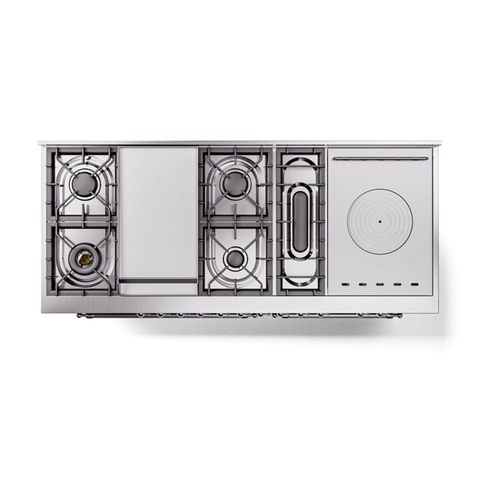 ILVE 60-Inch Nostalgie II Noblesse Dual Fuel Range with 7 Sealed Burners, Gridlde, French Top, and Solid Door Oven in Burgundy with Chrome Trim (UN60FSQNMPBUC)