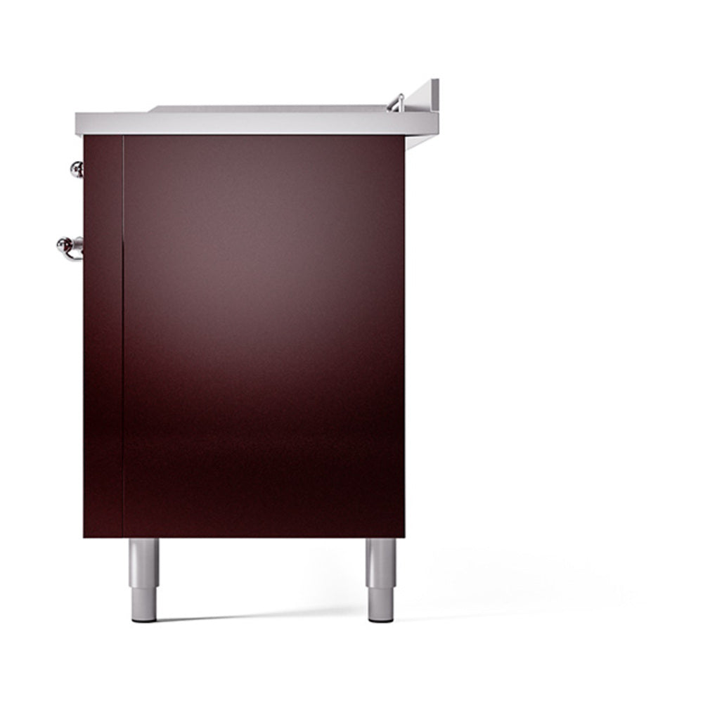 ILVE 60-Inch Nostalgie II Noblesse Dual Fuel Range with 7 Sealed Burners, Gridlde, French Top, and Solid Door Oven in Burgundy with Chrome Trim (UN60FSQNMPBUC)