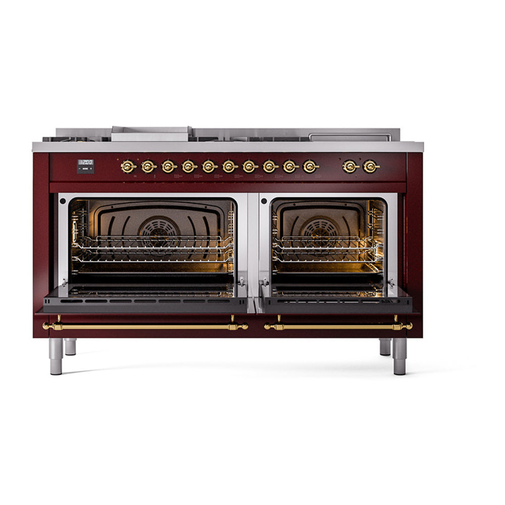 ILVE 60-Inch Nostalgie II Noblesse Natural Gas Dual Fuel Range with 7 Sealed Burners, Gridlde, French Top, and Solid Door Oven in Burgundy with Brass Trim (UN60FSQNMPBUG)