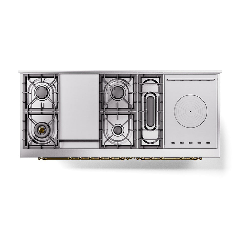 ILVE 60-Inch Nostalgie II Noblesse Natural Gas Dual Fuel Range with 7 Sealed Burners, Gridlde, French Top, and Solid Door Oven in Burgundy with Brass Trim (UN60FSQNMPBUG)