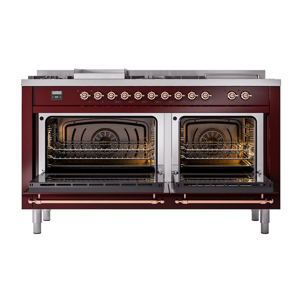 ILVE 60-Inch Nostalgie II Noblesse Propane Gas Dual Fuel Range with 7 Sealed Burners, Gridlde, French Top, and Solid Door Oven in Burgundy with Copper Trim (UN60FSQNMPBUPLP)