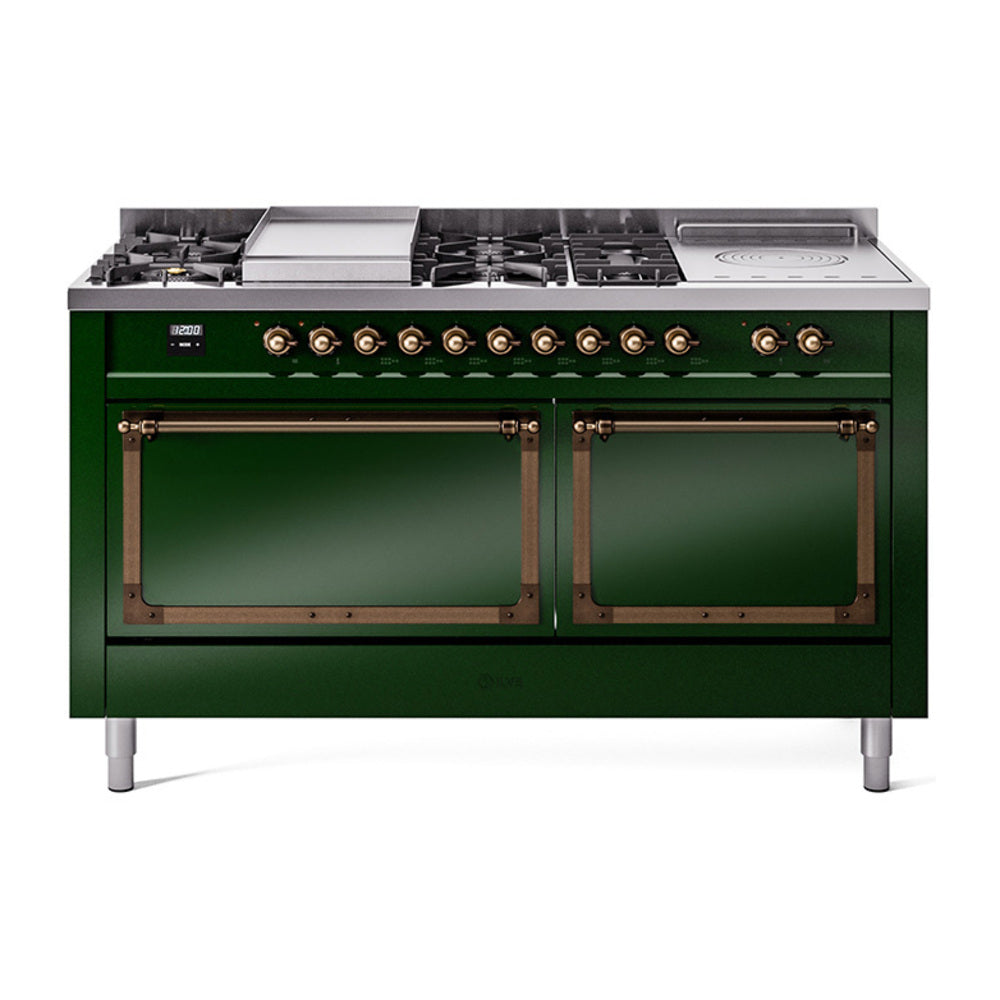 ILVE 60-Inch Nostalgie II Noblesse Propane Gas Dual Fuel Range with 7 Sealed Burners, Gridlde, French Top, and Solid Door Oven in Emerald Green with Bronze Trim (UN60FSQNMPEGBLP)
