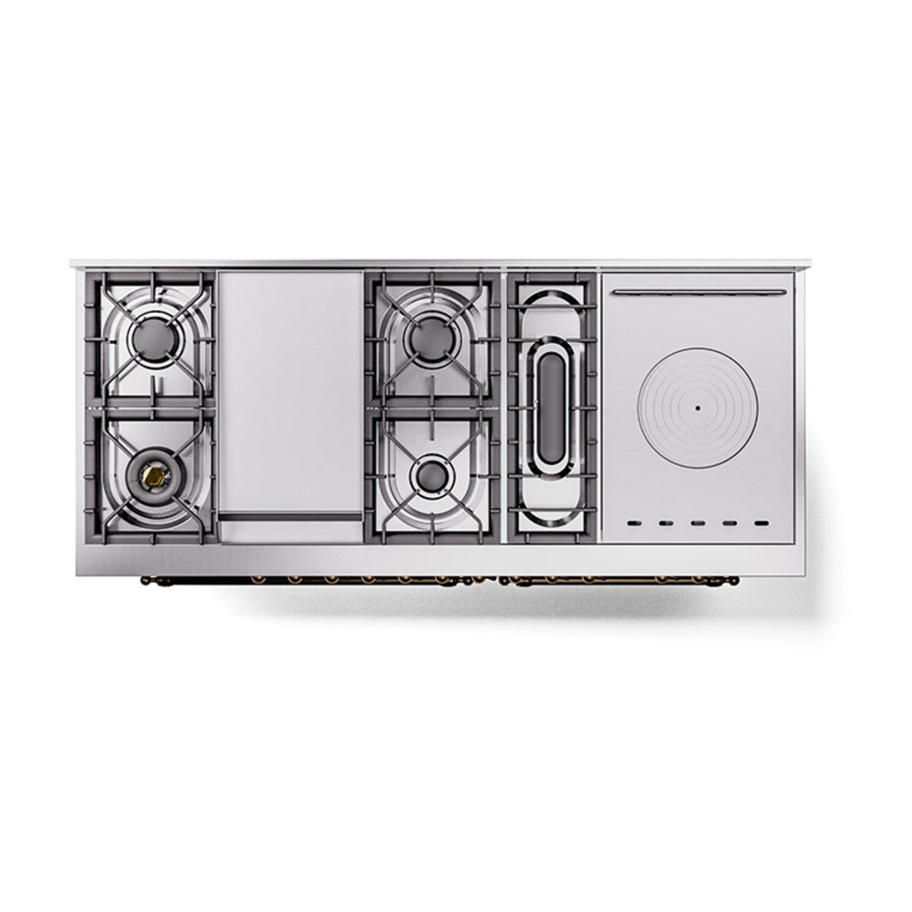 ILVE 60-Inch Nostalgie II Noblesse Propane Gas Dual Fuel Range with 7 Sealed Burners, Gridlde, French Top, and Solid Door Oven in Emerald Green with Bronze Trim (UN60FSQNMPEGBLP)