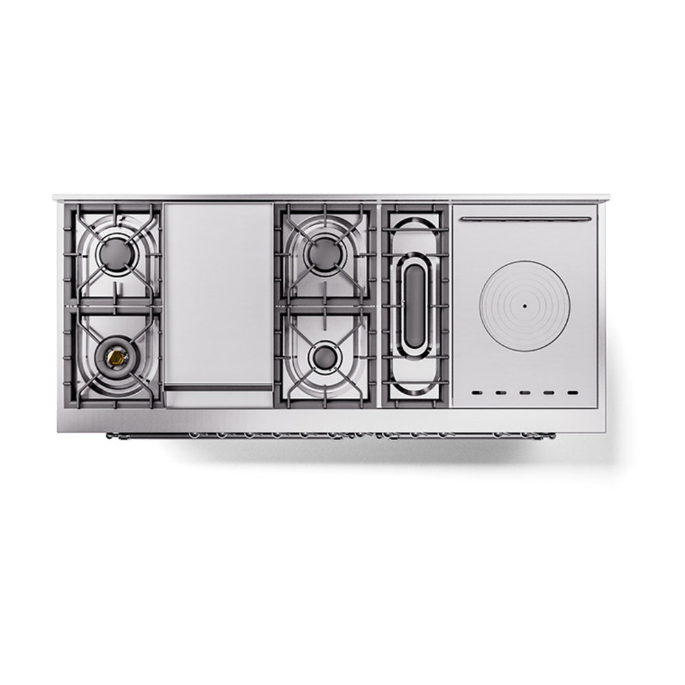 ILVE 60-Inch Nostalgie II Noblesse Dual Fuel Range with 7 Sealed Burners, Gridlde, French Top, and Solid Door Oven in Emerald Green with Chrome Trim (UN60FSQNMPEGC)