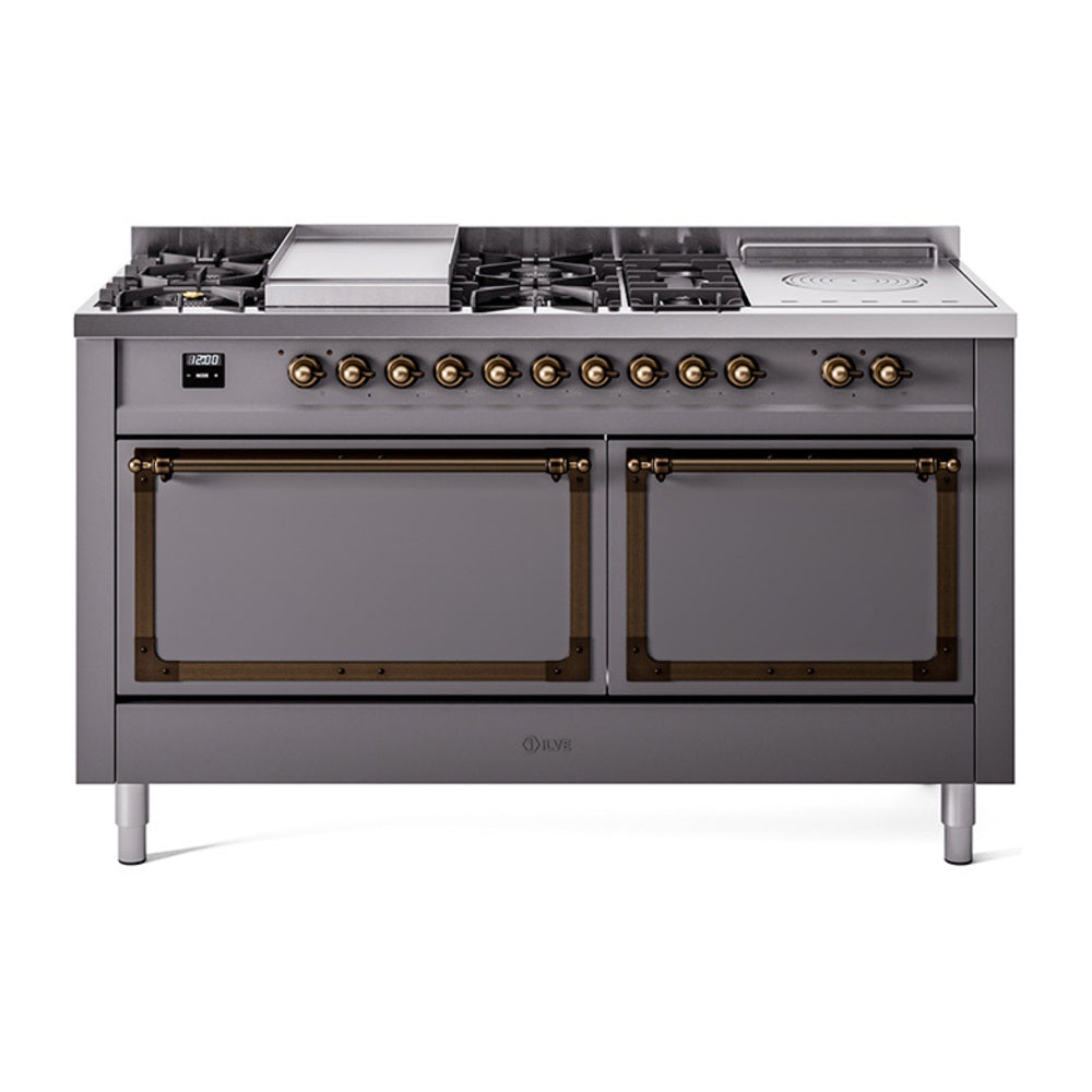 ILVE 60-Inch Nostalgie II Noblesse Natural Gas Dual Fuel Range with 7 Sealed Burners, Gridlde, French Top, and Solid Door Oven in Matte Graphite with Bronze Trim (UN60FSQNMPMGB)