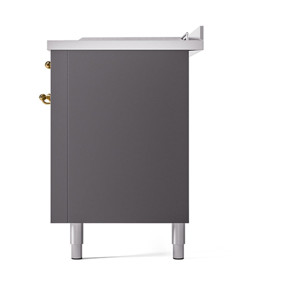 ILVE 60-Inch Nostalgie II Noblesse Natural Gas Dual Fuel Range with 7 Sealed Burners, Griddle, French Top, and Solid Door Oven in Matte Graphite with Brass Trim (UN60FSQNMPMGG)