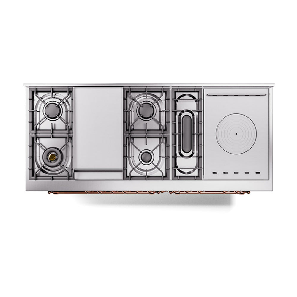 ILVE 60-Inch Nostalgie II Noblesse Natural Gas Dual Fuel Range with 7 Sealed Burners, Gridlde, French Top, and Solid Door Oven in Matte Graphite with Copper Trim (UN60FSQNMPMGP)